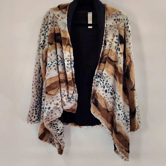 Yahada Open Cardigan Light Jacket Faux Fur Lined Size Medium Cream Brown Black - Picture 1 of 8